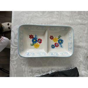 Tag Ceramic Divided Serving‎ Dish Floral Pattern Greek Key Border Blue White Red